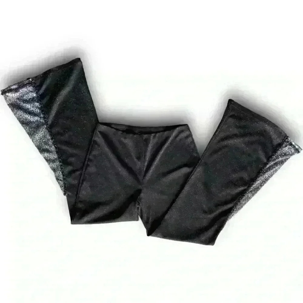 Vtg Black Silver Sparkle Pull On Stretch Pants High‎ Rise Glitter Flared Party M